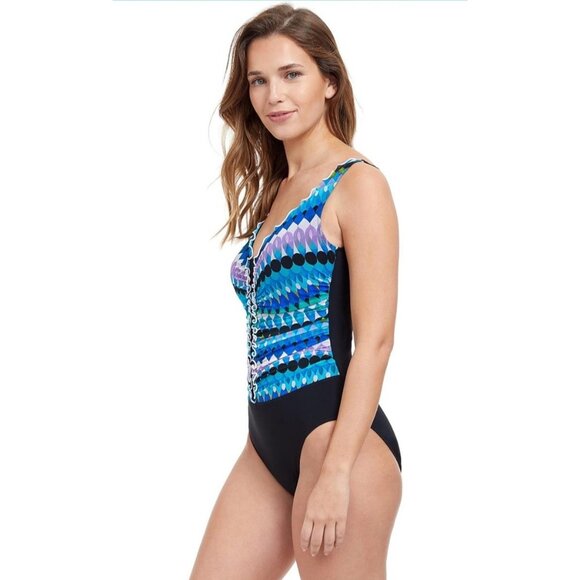 Profile by Gottex Swimsuit Womens 10 Moroccan Escape‎ V Neck Black Geo One Piece - Picture 4 of 9